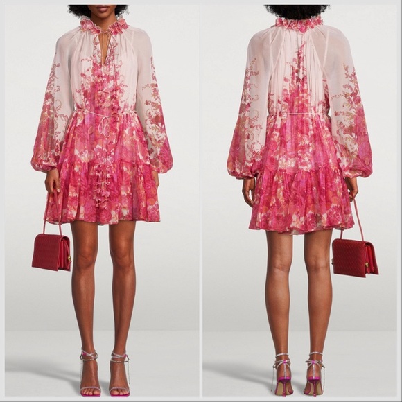 Zimmermann Pink Red Cream HIGH TIDE LANTERN MINI DRESS Sz 10
